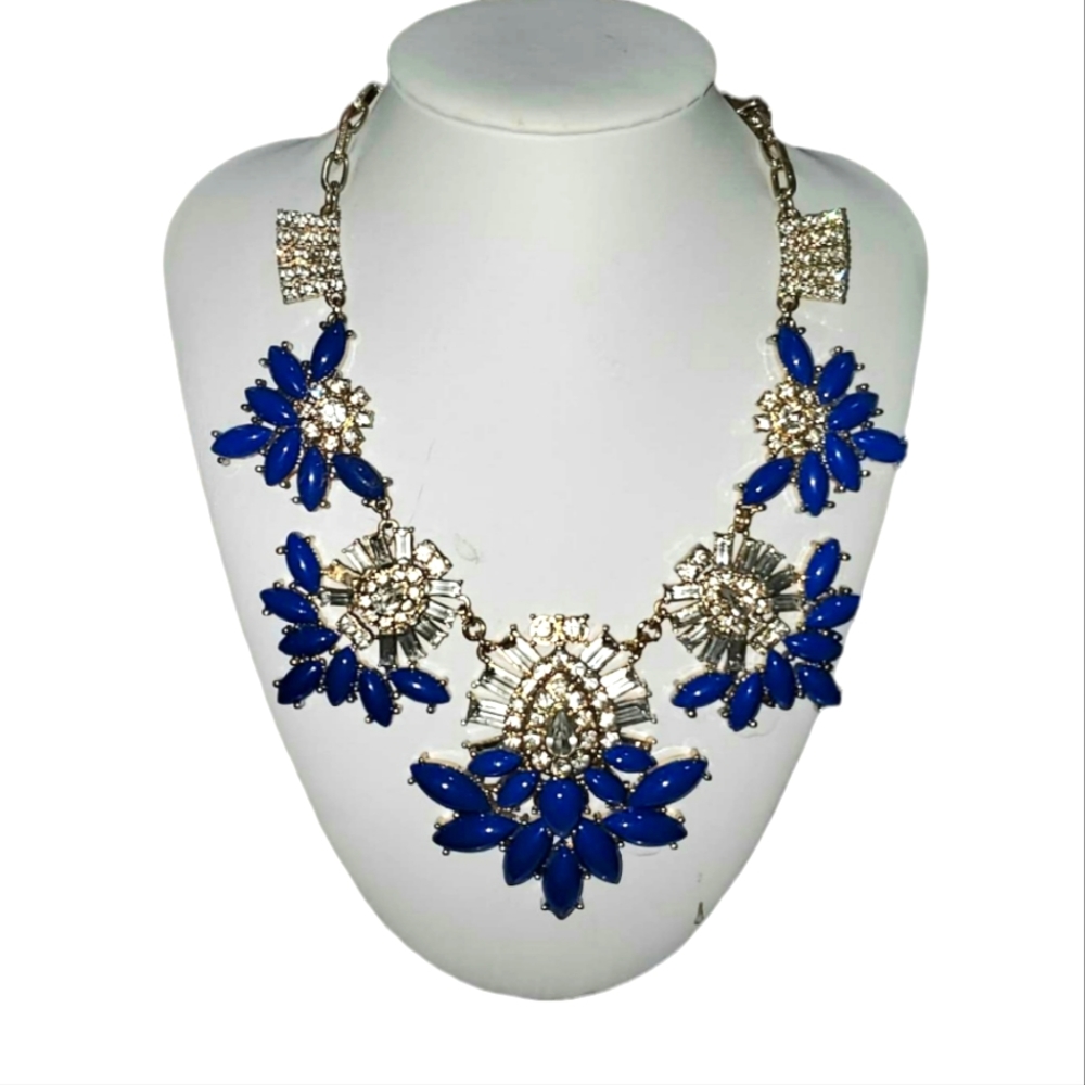 Chunky Statement Necklace Rainbow Sparkle Rhinestones Long Deep Blue Stones